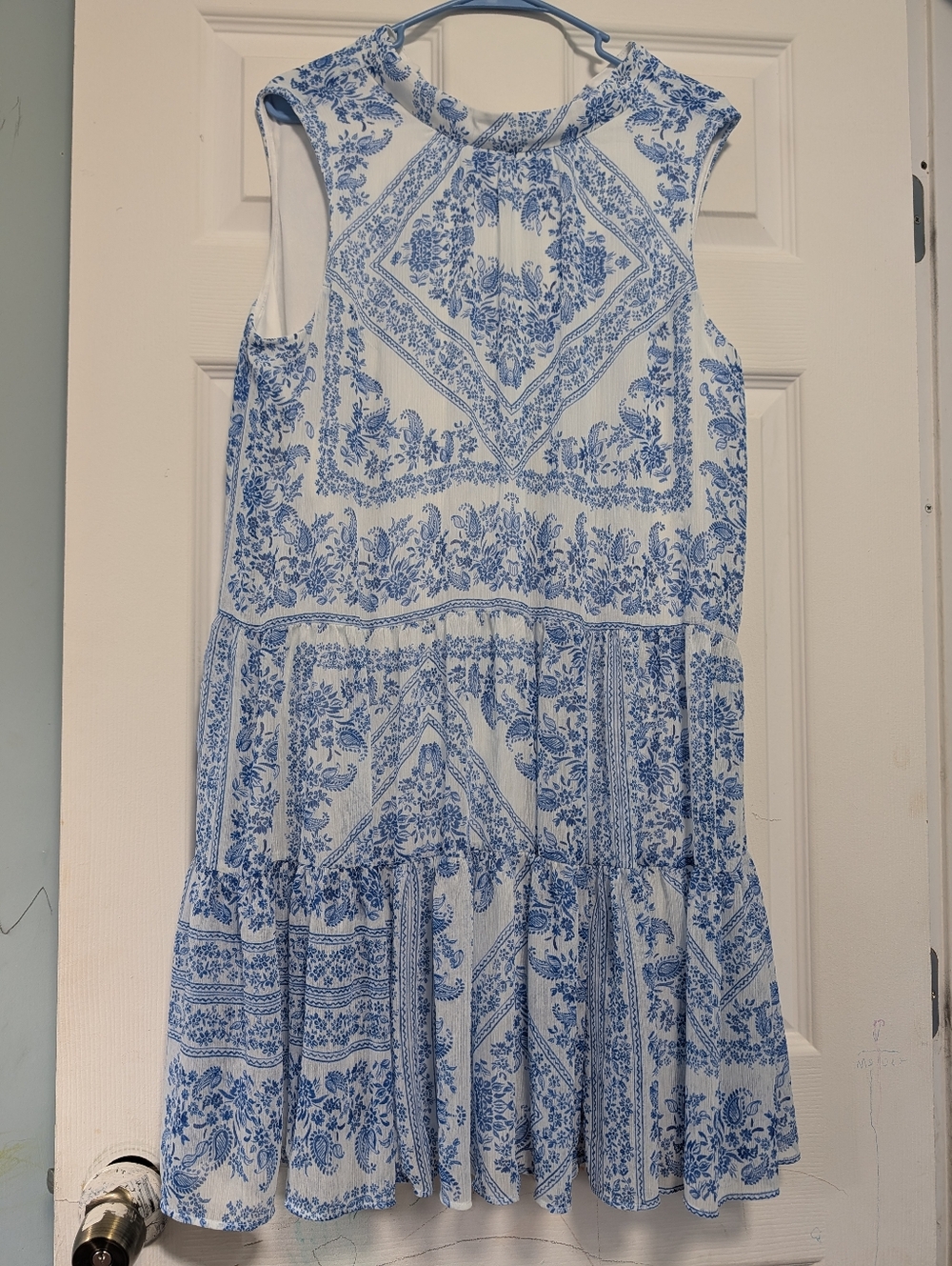 Calvin Klein White An Blue Dress with Black Logo, Women's Size 14